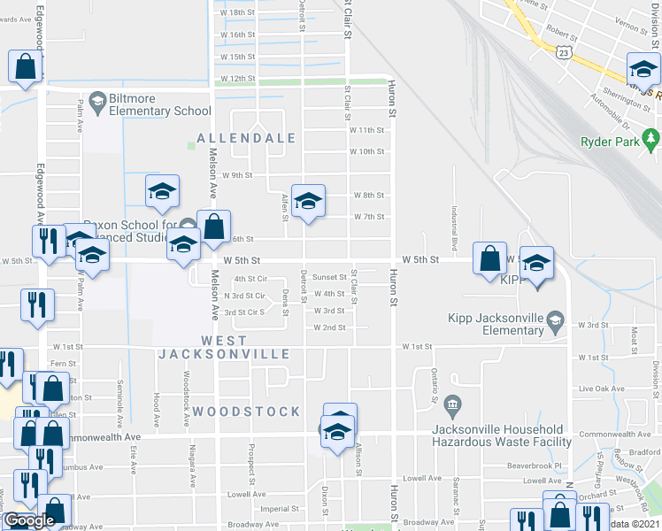 map of restaurants, bars, coffee shops, grocery stores, and more near 2932 West 5th Street in Jacksonville