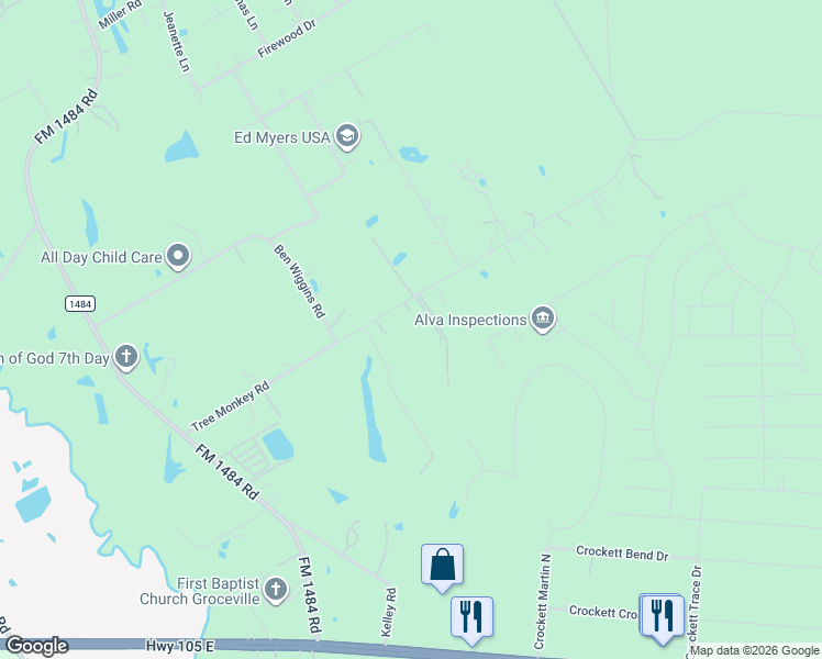 map of restaurants, bars, coffee shops, grocery stores, and more near 15836 Tree Monkey Road in Conroe