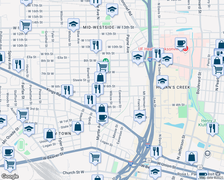 map of restaurants, bars, coffee shops, grocery stores, and more near 1209 West 5th Street in Jacksonville