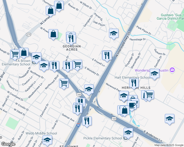 map of restaurants, bars, coffee shops, grocery stores, and more near 615 East Wonsley Drive in Austin