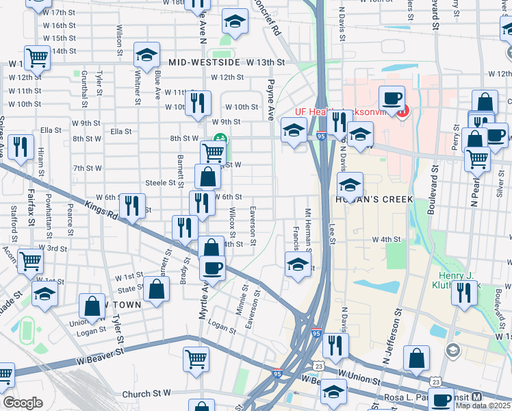 map of restaurants, bars, coffee shops, grocery stores, and more near 1127 West 5th Street in Jacksonville