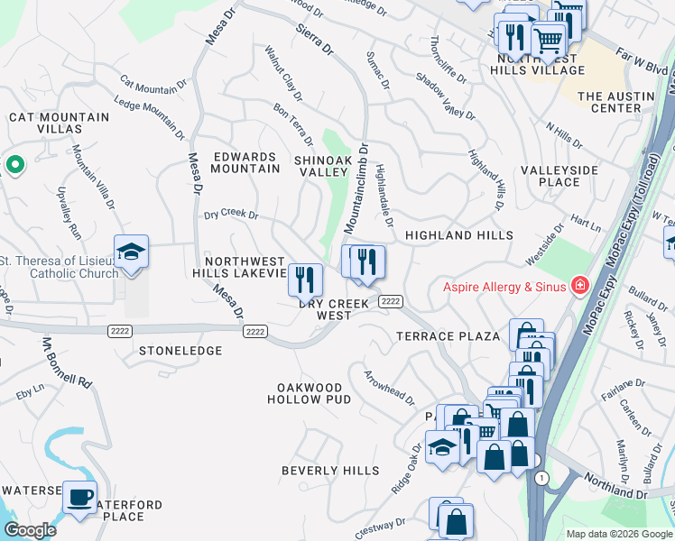 map of restaurants, bars, coffee shops, grocery stores, and more near Mountainclimb Dr & Dry Creek Dr in Austin