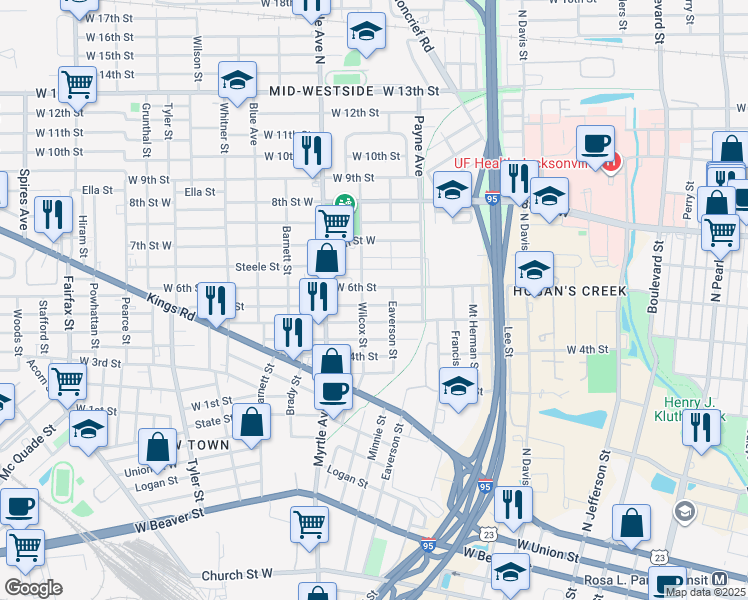map of restaurants, bars, coffee shops, grocery stores, and more near 1209 West 5th Street in Jacksonville