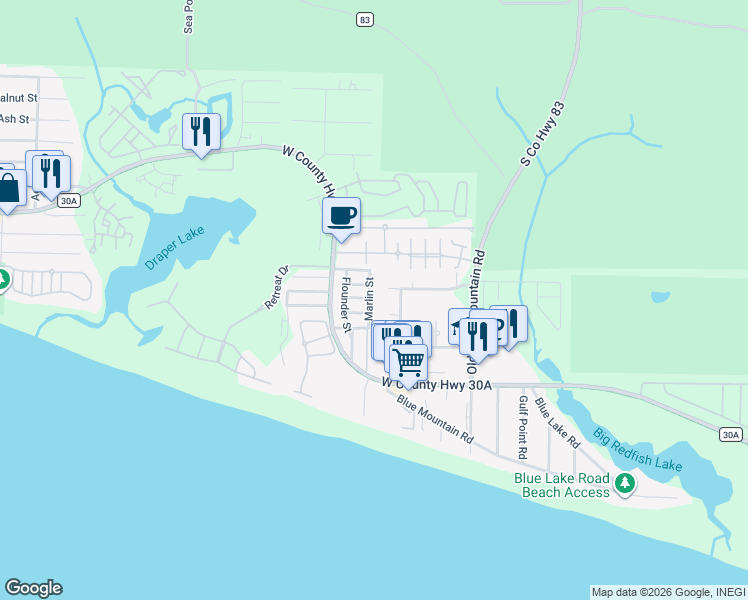 map of restaurants, bars, coffee shops, grocery stores, and more near 68 Marlin Street in Santa Rosa Beach