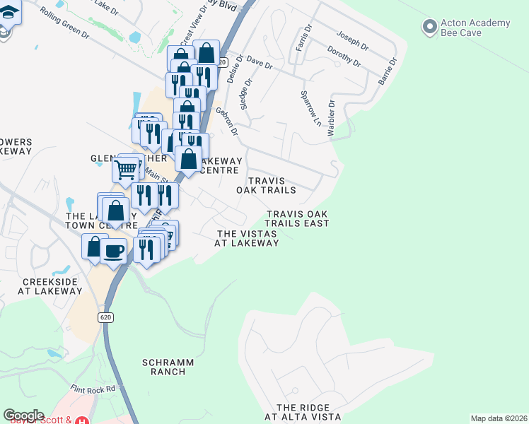 map of restaurants, bars, coffee shops, grocery stores, and more near 15103 Strader Circle in Austin