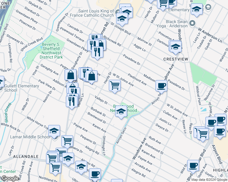 map of restaurants, bars, coffee shops, grocery stores, and more near 1900 Justin Lane in Austin
