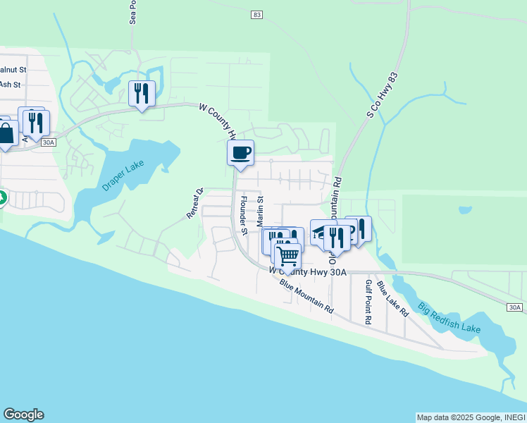 map of restaurants, bars, coffee shops, grocery stores, and more near 74 Marlin Street in Santa Rosa Beach