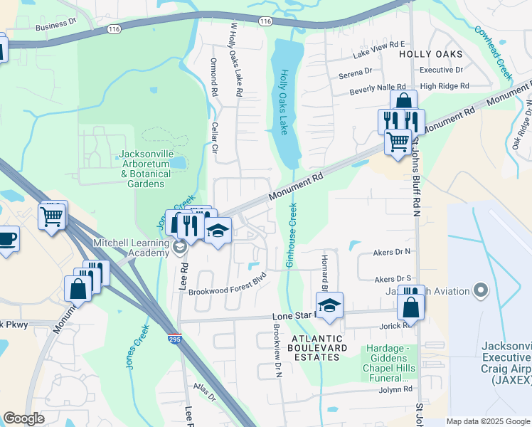 map of restaurants, bars, coffee shops, grocery stores, and more near 1385 Brookwood Forest Boulevard in Jacksonville