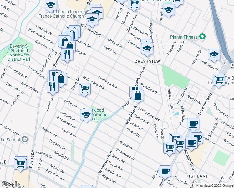 map of restaurants, bars, coffee shops, grocery stores, and more near 1518 West Saint Johns Avenue in Austin