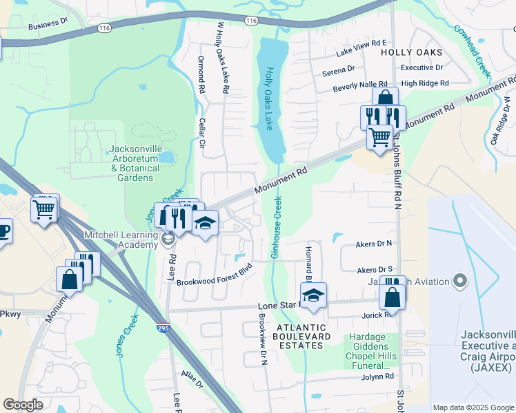 map of restaurants, bars, coffee shops, grocery stores, and more near 1385 Brookwood Forest Boulevard in Jacksonville