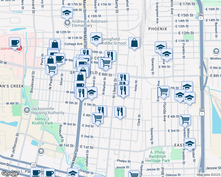 map of restaurants, bars, coffee shops, grocery stores, and more near 1635 North Liberty Street in Jacksonville