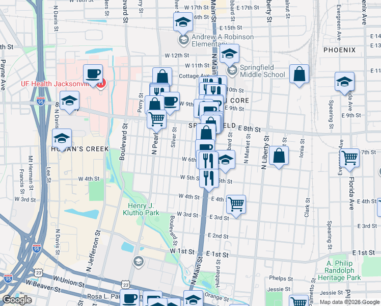 map of restaurants, bars, coffee shops, grocery stores, and more near 1611 North Laura Street in Jacksonville