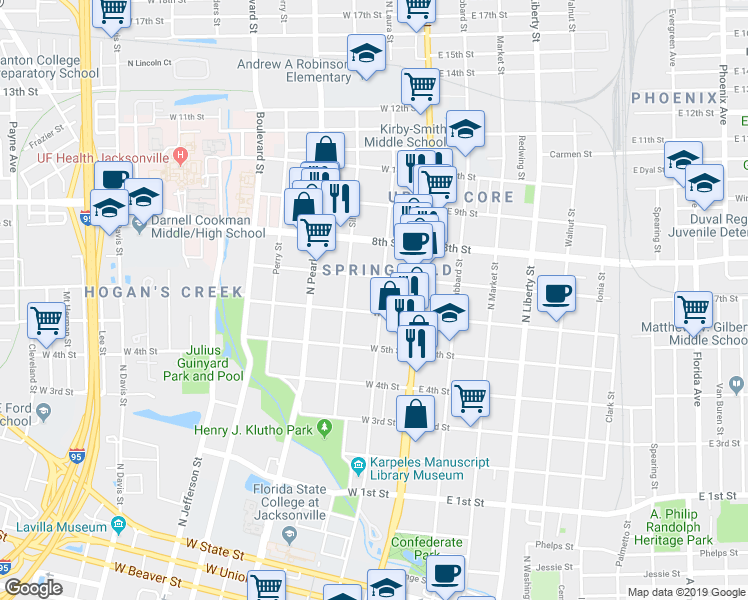 map of restaurants, bars, coffee shops, grocery stores, and more near 1611 North Laura Street in Jacksonville