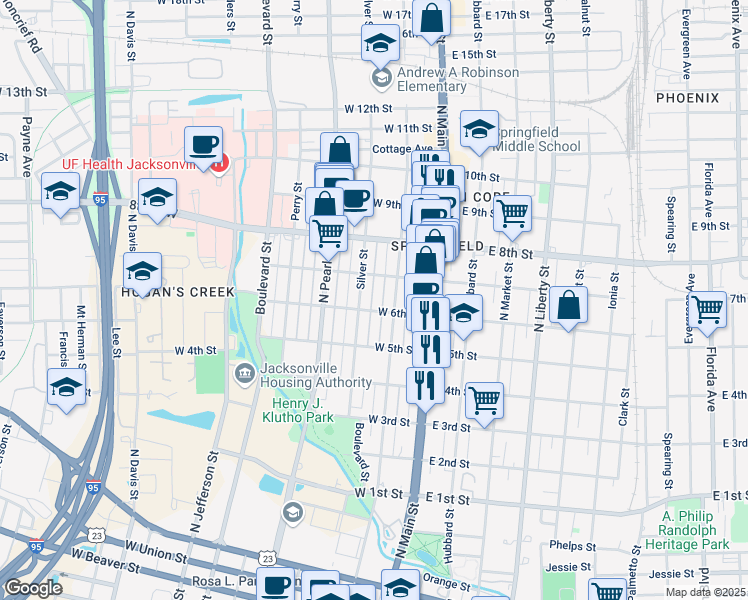 map of restaurants, bars, coffee shops, grocery stores, and more near 143 West 6th Street in Jacksonville
