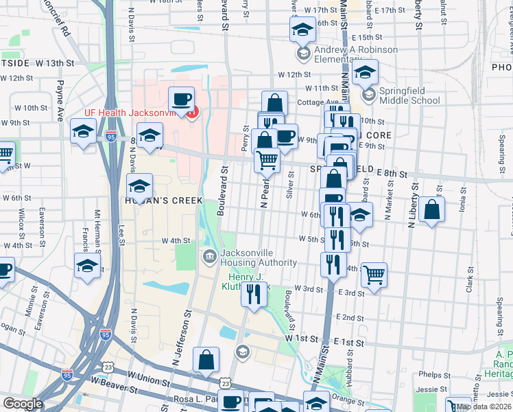 map of restaurants, bars, coffee shops, grocery stores, and more near 340 West 6th Street in Jacksonville