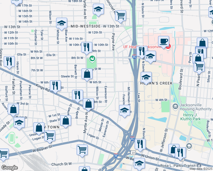 map of restaurants, bars, coffee shops, grocery stores, and more near 1127 West 5th Street in Jacksonville