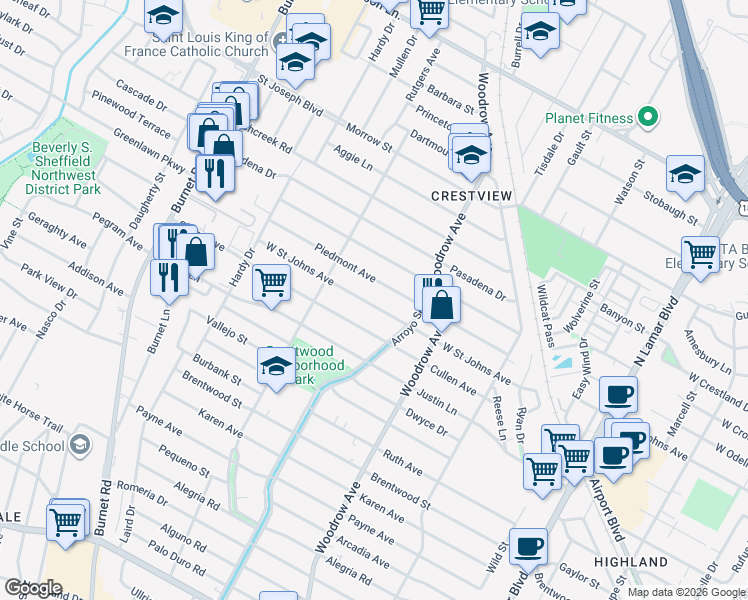 map of restaurants, bars, coffee shops, grocery stores, and more near 1518 West Saint Johns Avenue in Austin