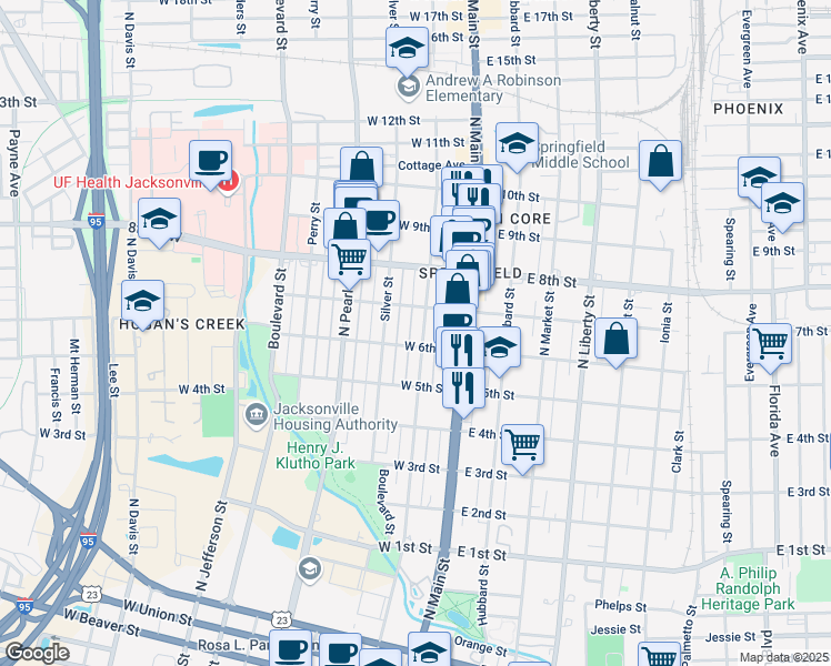 map of restaurants, bars, coffee shops, grocery stores, and more near 1611 North Laura Street in Jacksonville