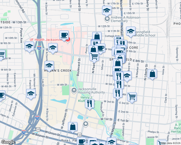 map of restaurants, bars, coffee shops, grocery stores, and more near 340 West 6th Street in Jacksonville