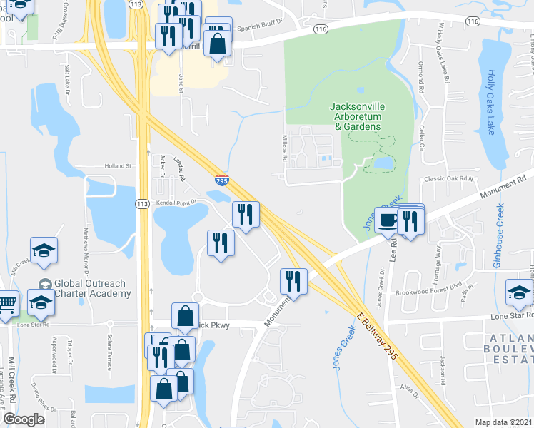 map of restaurants, bars, coffee shops, grocery stores, and more near North Dames Point Bridge in Jacksonville