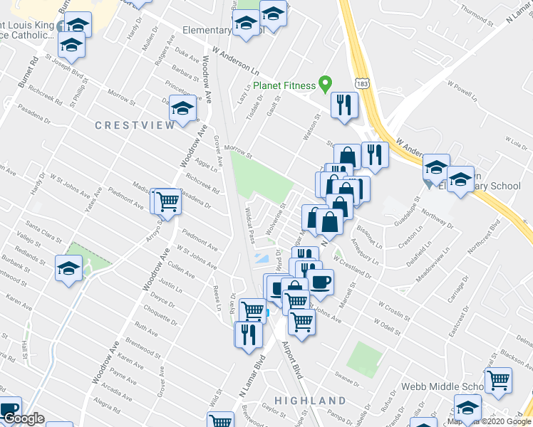map of restaurants, bars, coffee shops, grocery stores, and more near Pantherpaw Street in Austin