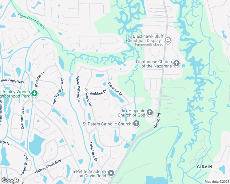 map of restaurants, bars, coffee shops, grocery stores, and more near 1104 Celebrant Drive in Jacksonville