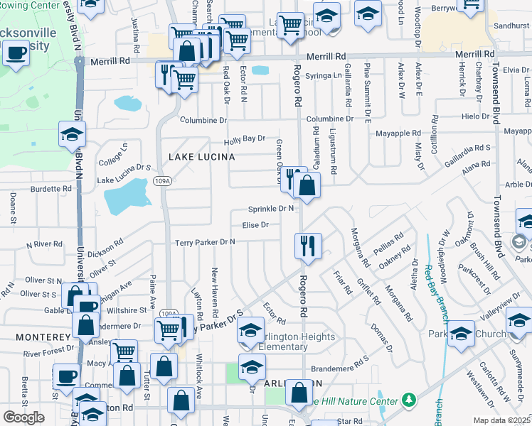 map of restaurants, bars, coffee shops, grocery stores, and more near 6322 Sprinkle Drive North in Jacksonville