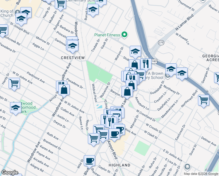 map of restaurants, bars, coffee shops, grocery stores, and more near 1004 Banyon Street in Austin