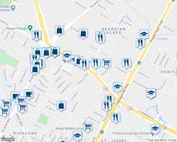 map of restaurants, bars, coffee shops, grocery stores, and more near E Anderson Ln & W Anderson Ln in Austin