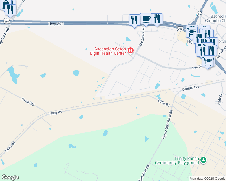 map of restaurants, bars, coffee shops, grocery stores, and more near 122 West Point Way in Elgin