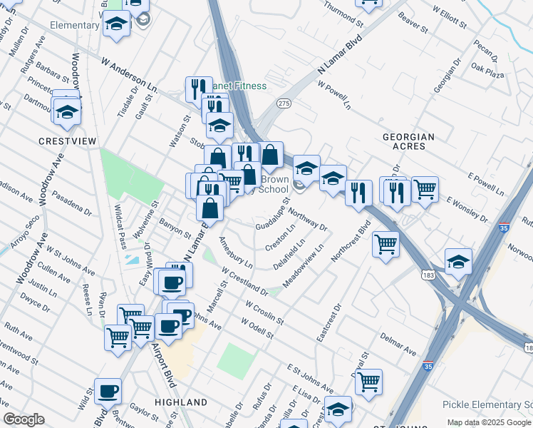 map of restaurants, bars, coffee shops, grocery stores, and more near 7640 Guadalupe Street in Austin