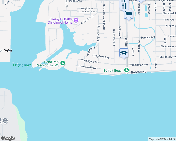 map of restaurants, bars, coffee shops, grocery stores, and more near 919 Beach Boulevard in Pascagoula