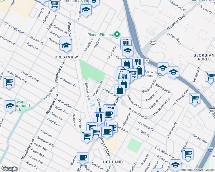 map of restaurants, bars, coffee shops, grocery stores, and more near 908 Banyon Street in Austin