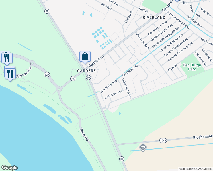 map of restaurants, bars, coffee shops, grocery stores, and more near 3356 Northlake Avenue in Baton Rouge