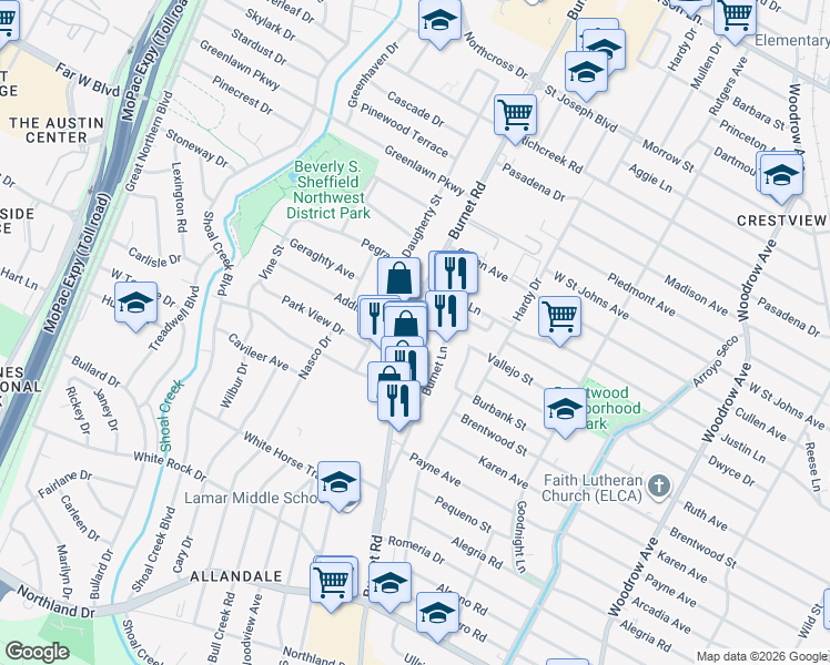 map of restaurants, bars, coffee shops, grocery stores, and more near 6720 Burnet Road in Austin