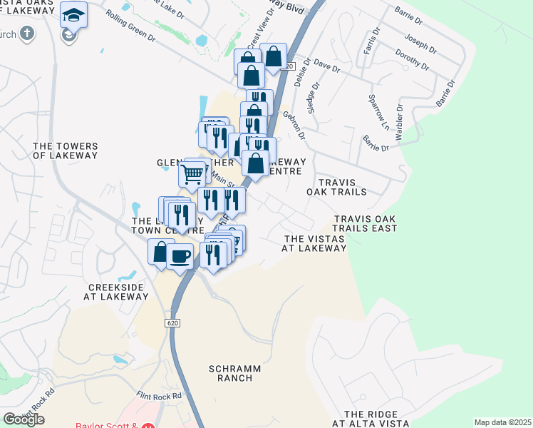 map of restaurants, bars, coffee shops, grocery stores, and more near 203 Evolutions Path in Lakeway
