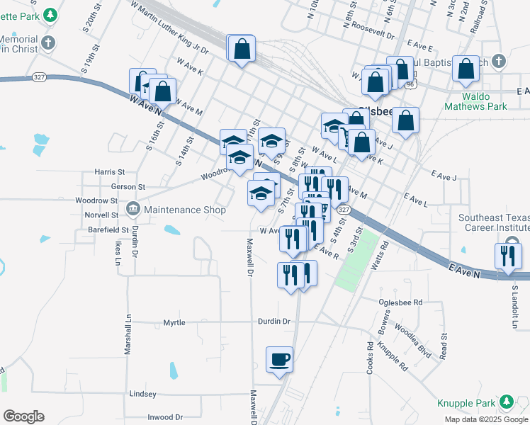 map of restaurants, bars, coffee shops, grocery stores, and more near 730 South 7th Street in Silsbee