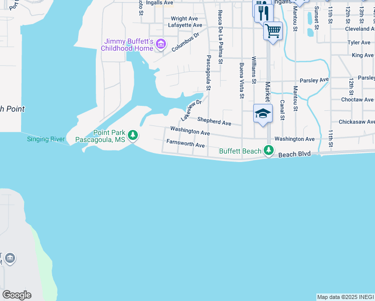 map of restaurants, bars, coffee shops, grocery stores, and more near 919 Beach Boulevard in Pascagoula