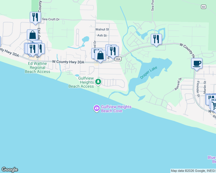map of restaurants, bars, coffee shops, grocery stores, and more near 58 Old Beach Road in Santa Rosa Beach