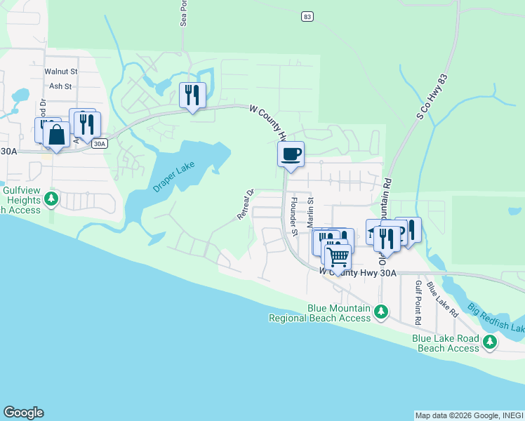 map of restaurants, bars, coffee shops, grocery stores, and more near 58 Redfish Circle in Santa Rosa Beach
