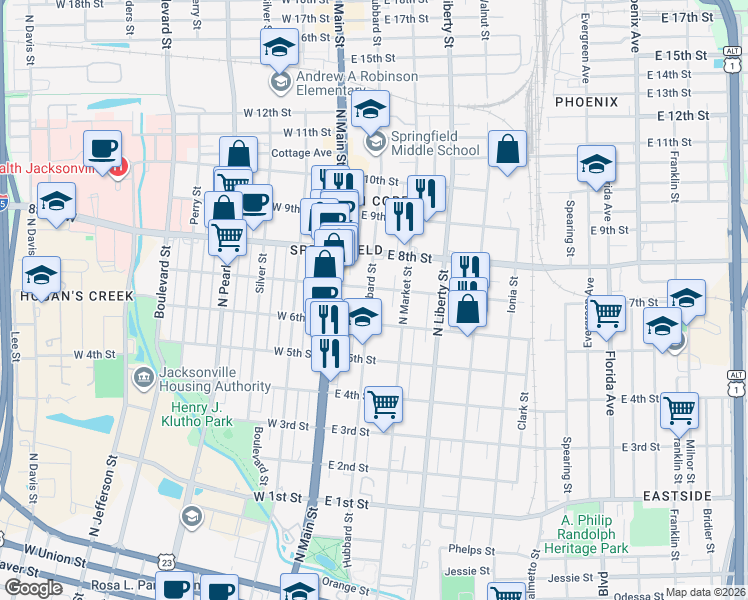 map of restaurants, bars, coffee shops, grocery stores, and more near 1639 Hubbard Street in Jacksonville