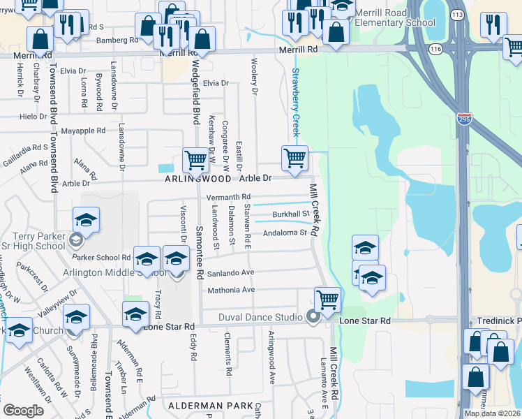 map of restaurants, bars, coffee shops, grocery stores, and more near 1931 Starwan Road East in Jacksonville