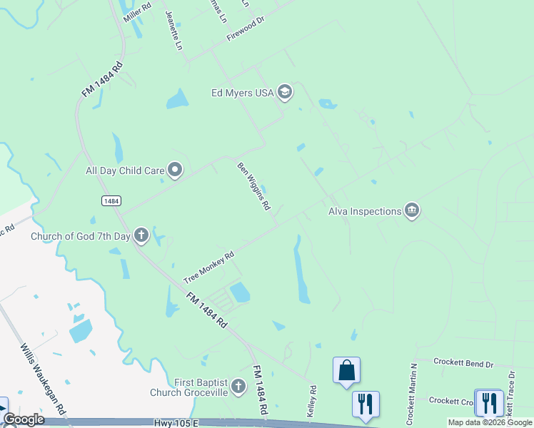 map of restaurants, bars, coffee shops, grocery stores, and more near 15660-15798 Ben Wiggins Road in Conroe