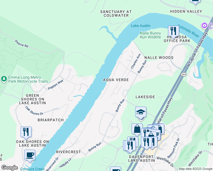 map of restaurants, bars, coffee shops, grocery stores, and more near 4200 Rivercrest Drive in Austin