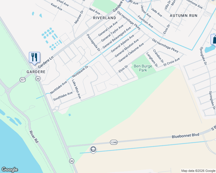 map of restaurants, bars, coffee shops, grocery stores, and more near 2515 Rose Garden Drive in Baton Rouge