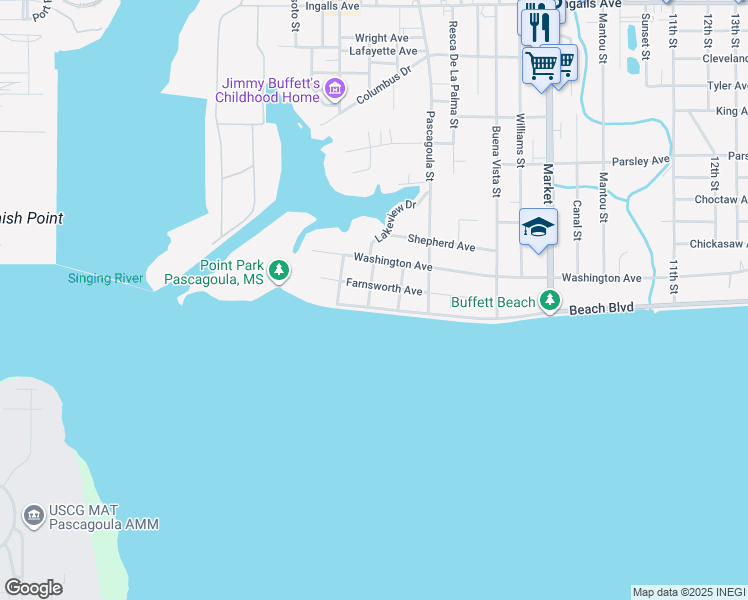 map of restaurants, bars, coffee shops, grocery stores, and more near 901 Beach Boulevard in Pascagoula