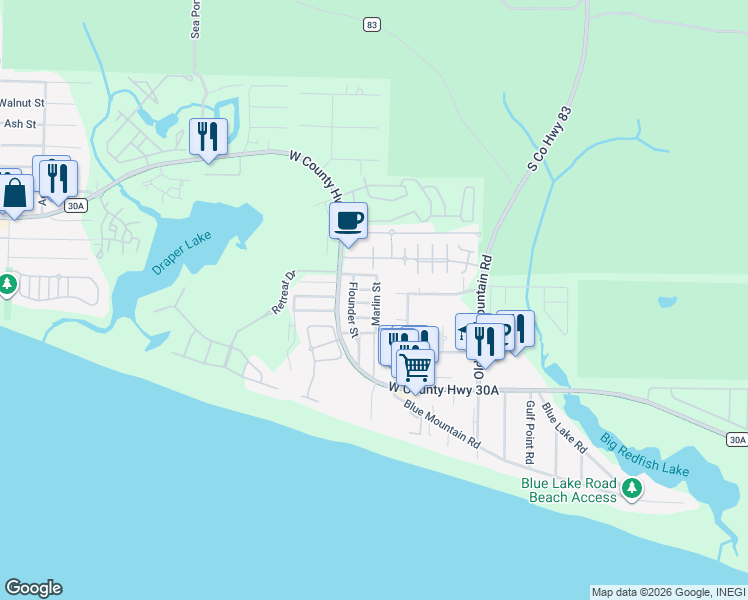 map of restaurants, bars, coffee shops, grocery stores, and more near 68 Marlin Street in Santa Rosa Beach