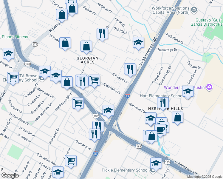 map of restaurants, bars, coffee shops, grocery stores, and more near 615 East Wonsley Drive in Austin