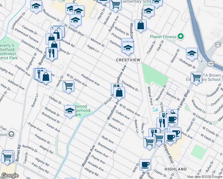 map of restaurants, bars, coffee shops, grocery stores, and more near 1505 Piedmont Avenue in Austin