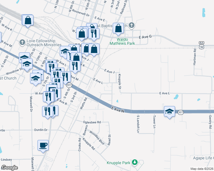 map of restaurants, bars, coffee shops, grocery stores, and more near 578 East Avenue L in Silsbee